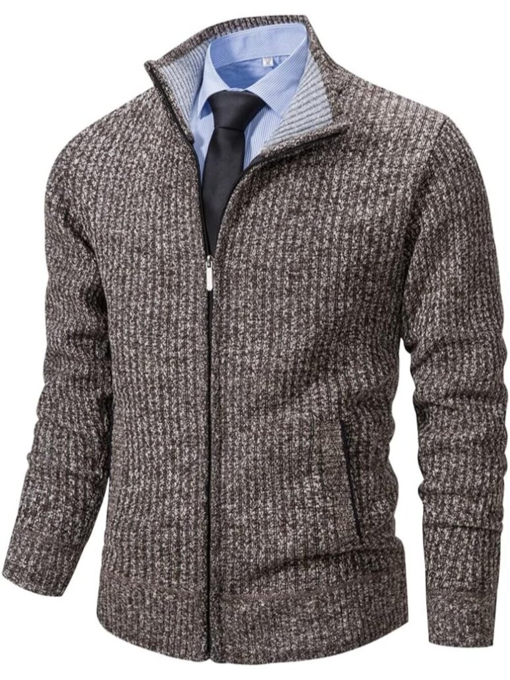 🆕Men's Brown Cardigan Sweaters Full Zip Knitted Zipper Stand Collar Business